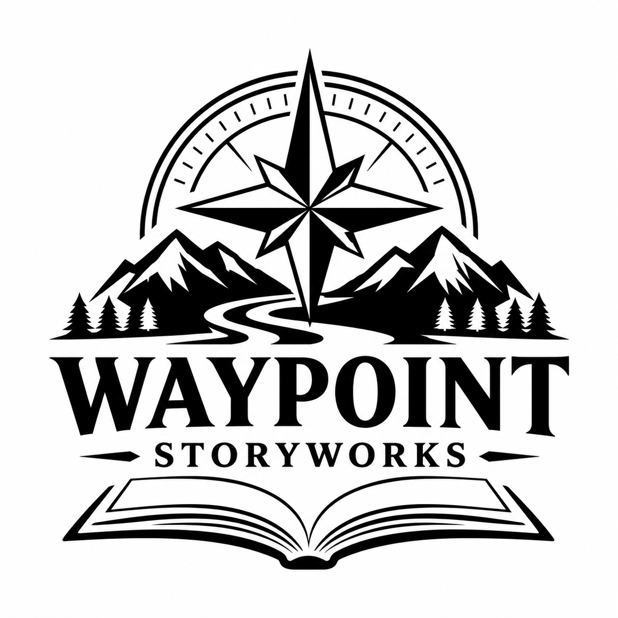 Waypoint Storyworks — a compass rose above mountains, a river, and an open book